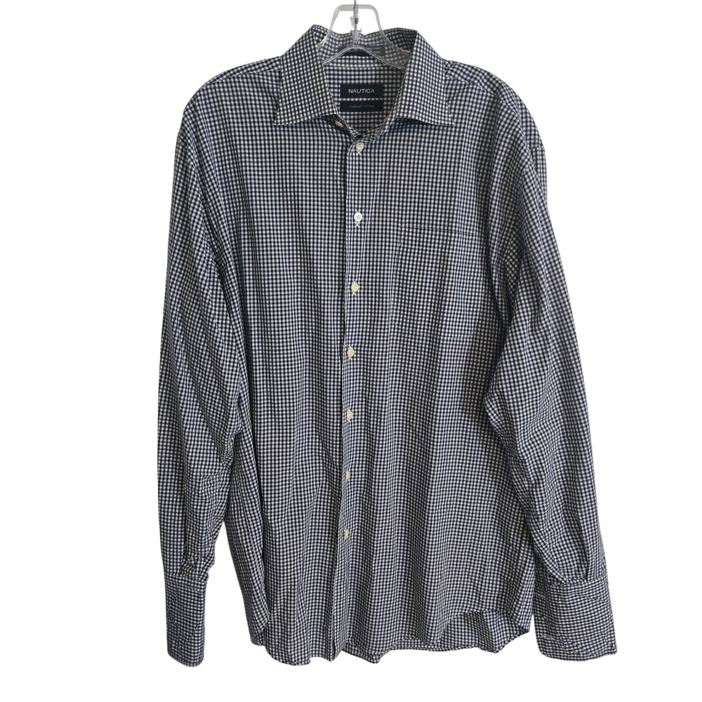 Nautica Mens 16 34/35 Blue‎ White Gingham Button Dress Shirt Compact Cotton